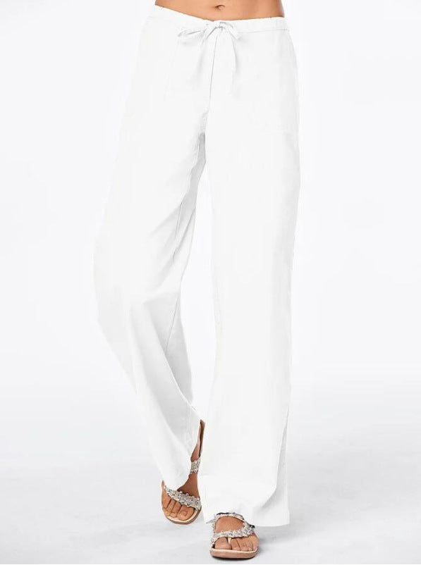 Solid-color Drawstring-pocket Loose Casual Wide-leg Linen Pants