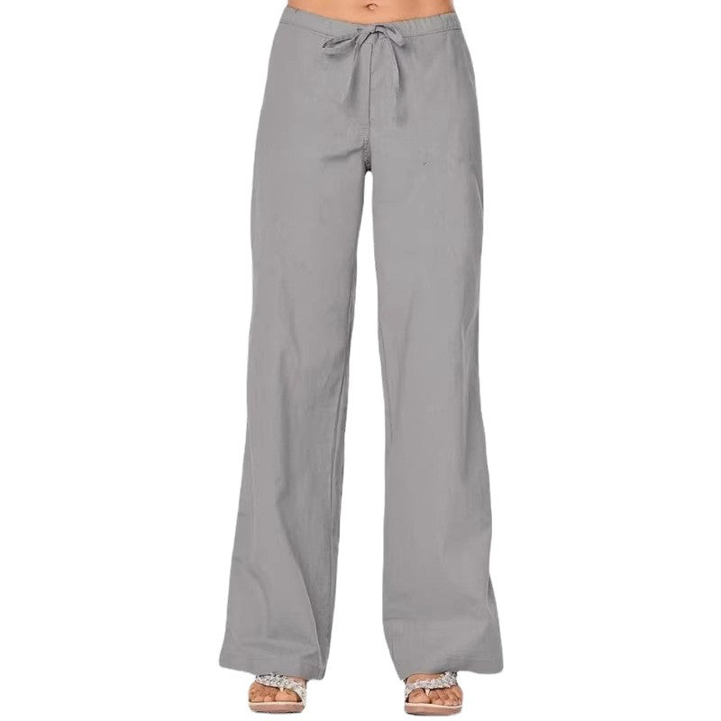 Solid-color Drawstring-pocket Loose Casual Wide-leg Linen Pants