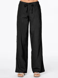 Solid-color Drawstring-pocket Loose Casual Wide-leg Linen Pants