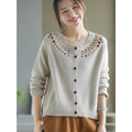 Womens Retro Embroidered Crew-Neck Long-Sleeve Top